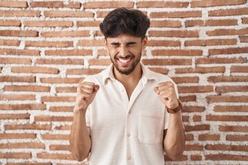 Sticker - Arab man with beard standing over bricks wall background excited for success with arms raised and eyes closed celebrating victory smiling. winner concept.