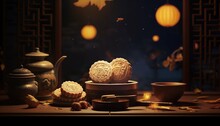 Generative AI Illustration Of Chinese Mid Autumn Festival Moon Cakes Arranged On A Traditional Chinese Porcelain Plate, Set On A Rustic Wooden Table