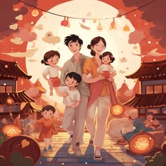 Wall Mural - Generative AI illustration of according to the reference painting style, draw a family, parents and children, and go out with backpacks on Chinese Mid Autumn Festival