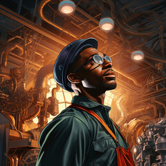 Wall Mural - Black engineer man in a logistic warehouse. Generative AI.