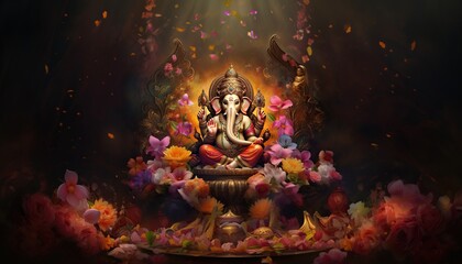 Wall Mural - Generative AI illustration of Ganesha Hindu God, with flowers, oil painting taken up into heaven, sitting in front of bokeh mandala background