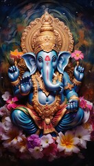 Wall Mural - Generative AI illustration of Ganesha Hindu God, with flowers, oil painting taken up into heaven, sitting in front of bokeh mandala background