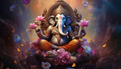 Generative AI illustration of Ganesha Hindu God, with flowers, oil painting taken up into heaven, sitting in front of bokeh mandala background