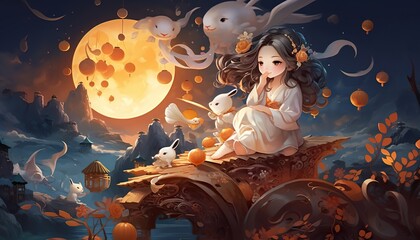 Generative AI illustration of Mid Autumn Festival, a lovely fairy, dressed in ancient Chinese clothes, and a rabbit playing beside the girl, moon cakes, auspicious clouds, behind a huge moon, fantasy