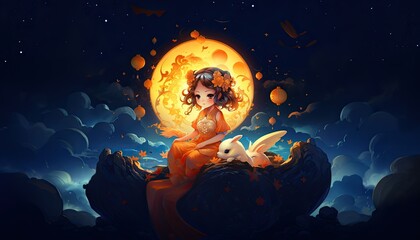 Wall Mural - Generative AI illustration of Mid Autumn Festival, a lovely fairy, dressed in ancient Chinese clothes, and a rabbit playing beside the girl, moon cakes, auspicious clouds, behind a huge moon, fantasy