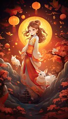 Wall Mural - Generative AI illustration of Mid Autumn Festival, a lovely fairy, dressed in ancient Chinese clothes, and a rabbit playing beside the girl, moon cakes, auspicious clouds, behind a huge moon, fantasy