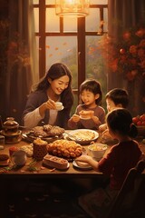 Generative AI illustration of Mid Autumn Festival, family, warm and sweet