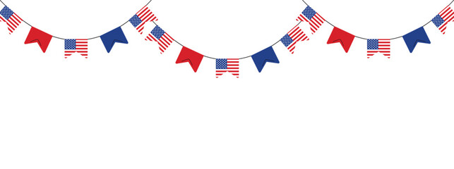 Pennant garland with American flags. Bunting garland for 4th July, Independence day USA. Border template with copy space. Vector illustration isolated on white background