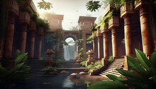 Ancient Hanging Gardens Of Babylon. Plants And Waterfalls In Ancient Temple Ai Generated Image