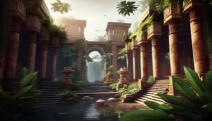 Ancient Hanging Gardens of Babylon. Plants and waterfalls in ancient temple Ai generated image