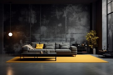 Modern house interior. Loft style. Black concrete wall and yellow. elements. Generative AI