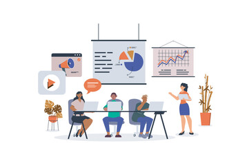 Aufkleber - Marketing research concept with character scene for web. Women and men analysing market trends and data to launch product. People situation in flat design. Vector illustration for marketing material.