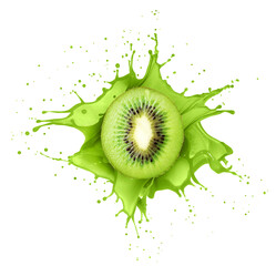 Wall Mural - Half of a kiwi fruit with a splashes of juice isolated on a white background