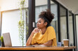 © Wasana - Thoughtful businesswoman think of online new project looking at laptop,  search new idea inspiration