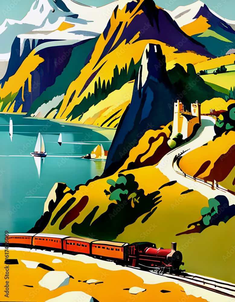 vintage art deco style 1930s railway travel poster with a diesel ...