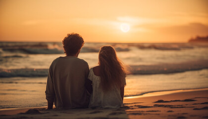 Wall Mural - Sun kissed couple embraces, enjoying nature beauty generated by AI