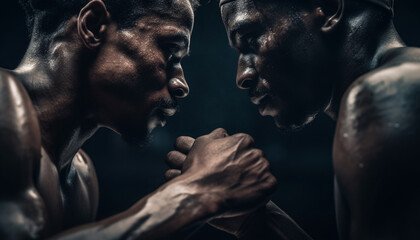 Wall Mural - Muscular athletes practicing teamwork in black background generated by AI