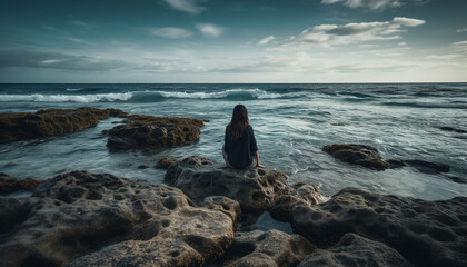 Sticker - Young woman sitting on rock, watching waves generated by AI