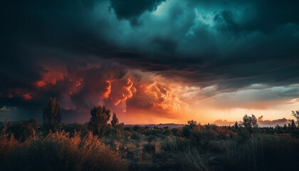 Wall Mural - Sunset sky over tranquil meadow, nature beauty generated by AI