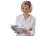 © ty - Cheerful middle aged woman standing using computer tablet apps, looking at screen, reading good news in social network, shopping or chatting online on a transparent background.
