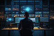© MUS_GRAPHIC - In the System Control Room Technical Operator Sits and Monitors Various Activities Showing on Multiple Displays with Graphics. Responsibility for Information Security in the Company Concept