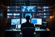 © MUS_GRAPHIC - In the System Control Room Technical Operator Sits and Monitors Various Activities Showing on Multiple Displays with Graphics. Responsibility for Information Security in the Company Concept