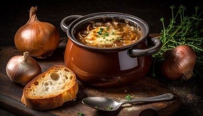 Healthy vegetarian soup cooked with fresh vegetables generated by AI