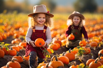 Kids picking pumpkins on Halloween pumpkin patch