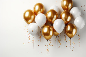 Wall Mural - Golden and white balloons on a white background. Festive background. AI generative.