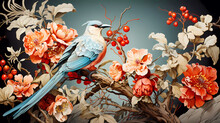 Songbird On A Floral Branch With Red Berries.  Songbird Wallpaper, Mural With A Blue Background.   
