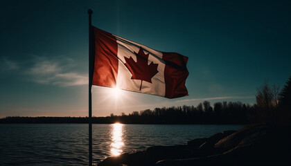 Poster - Canadian flag waves in majestic mountain landscape generated by AI