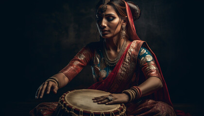 Poster - Elegant young woman in traditional Indian sari generated by AI