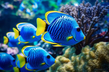 Tropical Fish Blue Tang Swimming In A Blue Water. Underwater World.