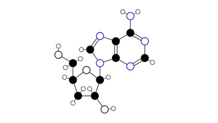 Sticker - cordycepin molecule, structural chemical formula, ball-and-stick model, isolated image derivative nucleoside adenosine