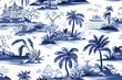 © Sam - Toile de jouy tropical trees seamless image blue and white