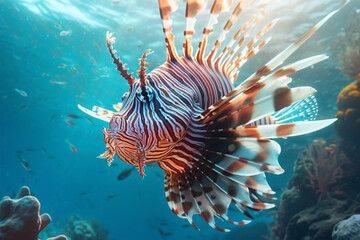 Wall Mural - Lionfish swimming in the deep blue waters of the Red Sea.