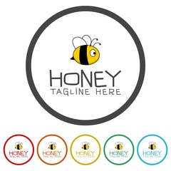 Sticker - Hand sketched bee honey logo. Set icons in color circle buttons