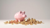 Fototapeta  - Golden coins putting to pink piggy save money on white background for deposit and financial saving growth concept by 3d render