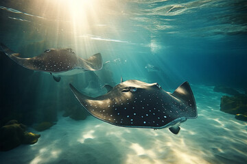 Wall Mural - Manta ray swimming underwater in the ocean. Underwater world. stingray