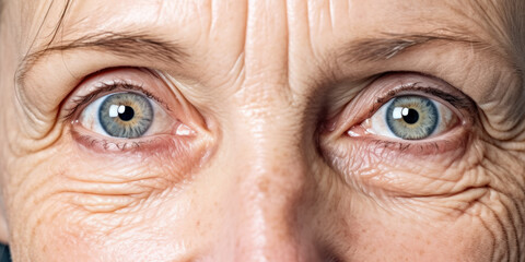Wall Mural - Old senior woman eyes, closeup detail to her face, both iris visible, wrinkled skin near. Generative AI