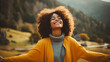 Free happy woman with open arms enjoying nature - Joyful black girl outdoors breathing fresh air - Enjoyment, freedom, happiness and mental health concept