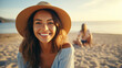 Happy beautiful young woman smiling at the beach side - Delightful girl taking selfie picture with smart mobile phone device outside - Healthy lifestyle concept with female enjoying sunny day