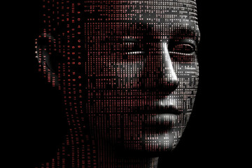 Wall Mural - female face against binary code. human looking at camera from matrix digital signs and numbers. arti
