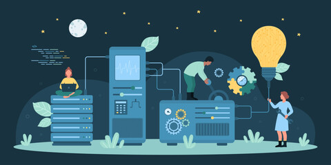 Cartoon tiny people develop product with devices and laboratory equipment, light bulb and tools, creative work process of technical support service. Web development technology dark vector illustration
