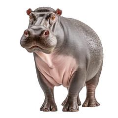 a standing hippopotamus against a plain white background