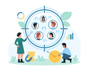 Target audience research service vector illustration. Cartoon tiny people study consumers focus group, find profiles of customers inside circle snipers aim and individual approaches to clients