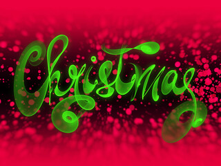 Wall Mural - Christmas word lettering written with green fire flame or smoke on blurred bokeh background.