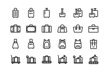 luggage, baggage, backpacks icon set, adjustable line weight icons, suitcase, backpack, briefcase, p