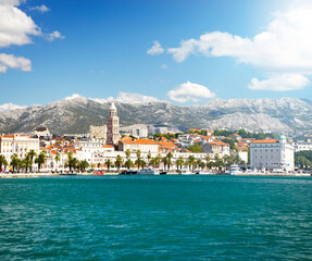 Wall Mural - View of Riva and Old Town Split in Dalmatia region, Croatia. Ancient Diocletian's Palace on a Sunny Summer Day. Popular Tourist Destination at Adriatic Sea. Mediterranean Europe Travel Concept.