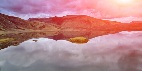 Poster - Lake coast with mountain reflection at the cloudy day, Iceland